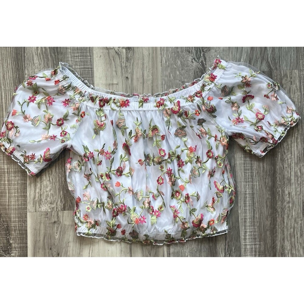 Forever 21 Womens 2X Floral Lined Embroidered Mesh Lace Off Shoulder Crop Top